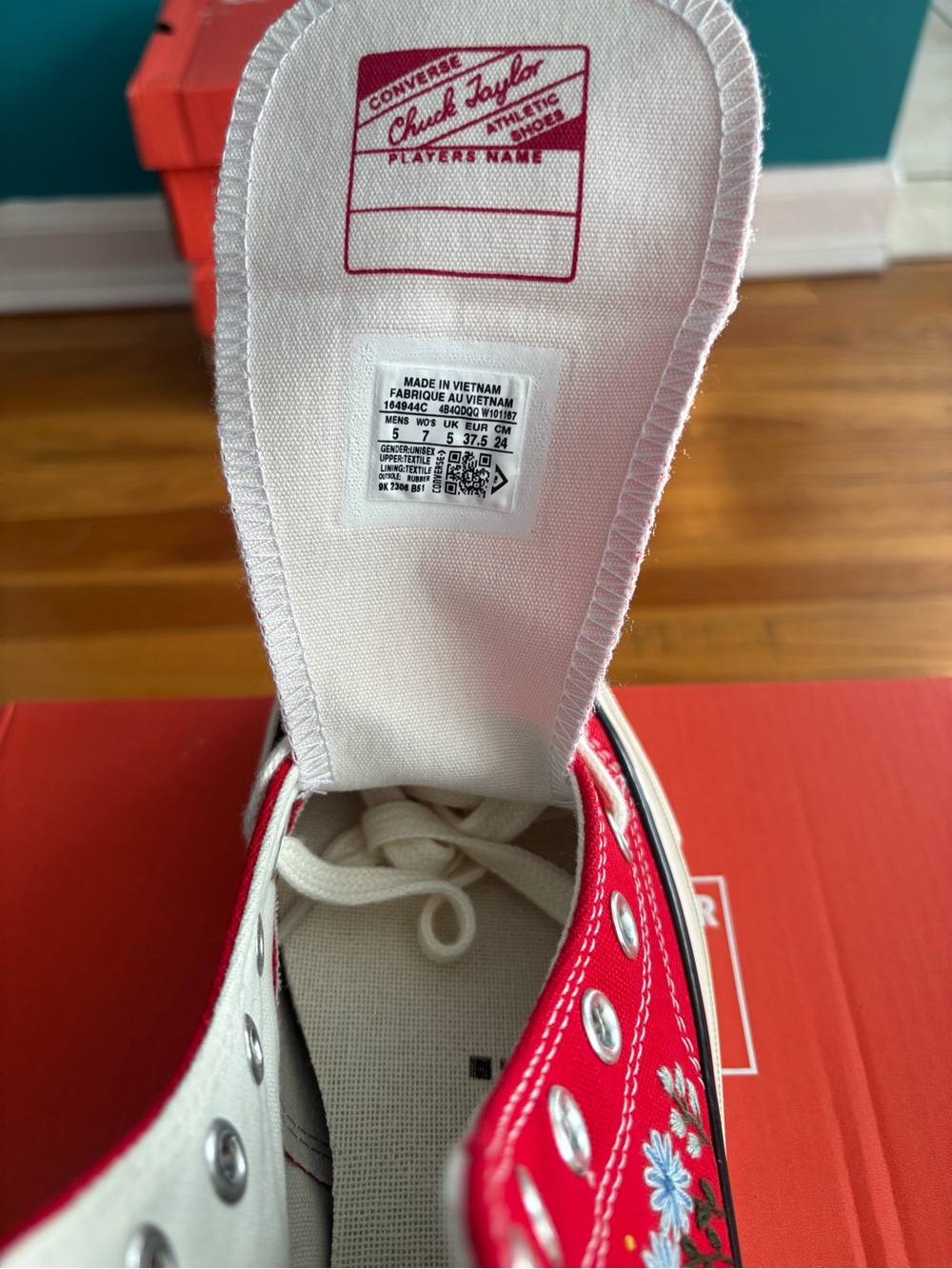Converse Women’s Red Embroidered Floral High-Top Sneakers - Picture 3 of 3